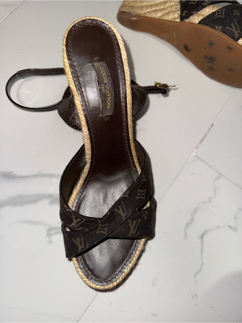 Louis Vuitton Monogram Rope Wedge Sandals in Dark Brown